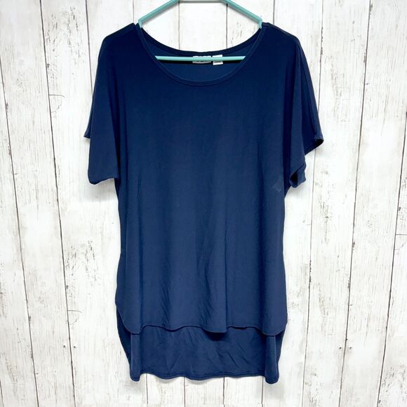 CATO Tunic Women Size S Short Sleeve Relaxed Navy Blue High Low Mini Dress Crew - Picture 1 of 4